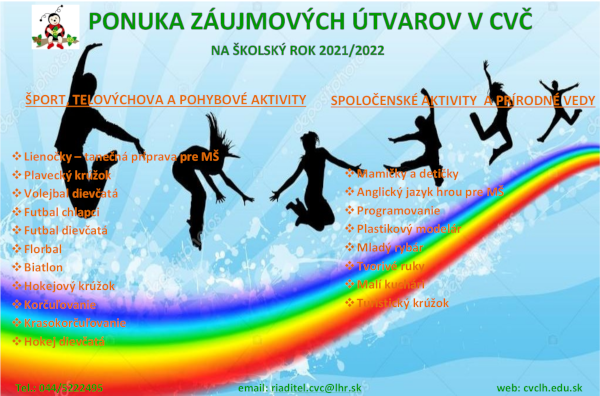PONUKA ZÁUJMOVÝCH ÚTVAROV V CVČ NA ŠKOLSKÝ ROK 2021/2022