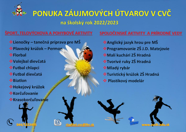 PONUKA ZÁUJMOVÝCH ÚTVAROV V CVČ NA ŠKOLSKÝ ROK 2022/2023