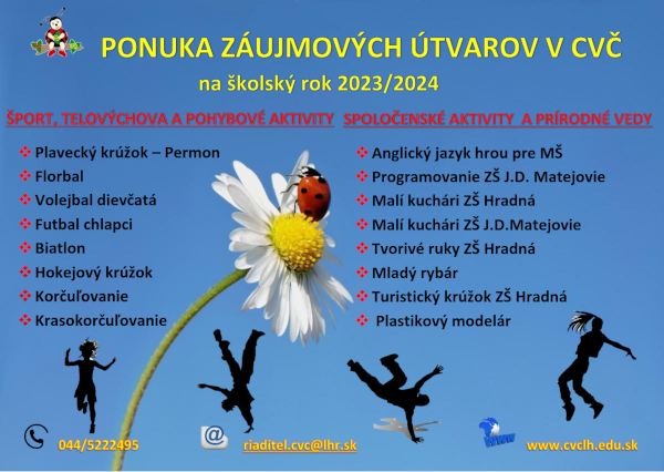 PONUKA ZÁUJMOVÝCH ÚTVAROV V CVČ NA ŠKOLSKÝ ROK 2023/2024