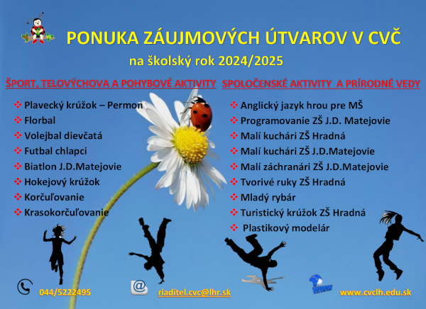 PONUKA ZÁUJMOVÝCH ÚTVAROV V CVČ NA ŠKOLSKÝ ROK 2024/2025